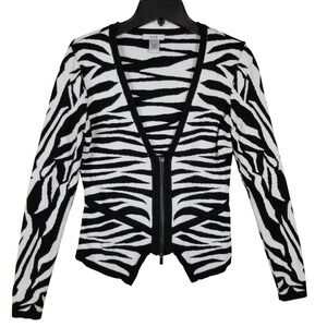 Cache Zebra Print Zip Front Cardigan Sweater Black White V-Neck Womens Small‎